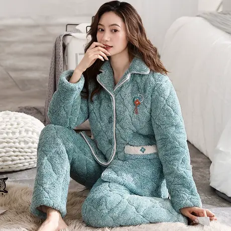 睡衣女秋冬季珊瑚绒加绒加厚三层夹棉法兰绒套装家居服套装可外穿商品大图
