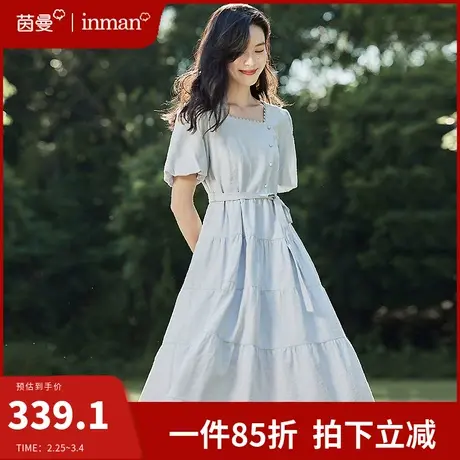茵曼旗舰店法式方领连衣裙女2024夏季新款小个子纯棉收腰显瘦长裙图片