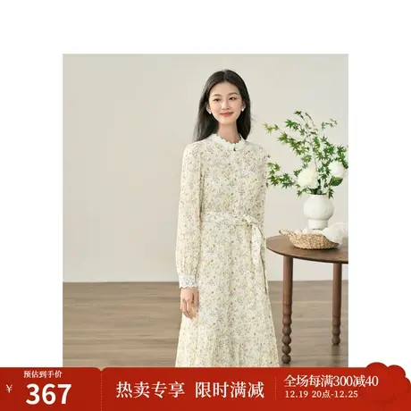 【商场同款】茵曼浪漫仙气连衣裙2023秋季女装新款立领系带碎花裙图片