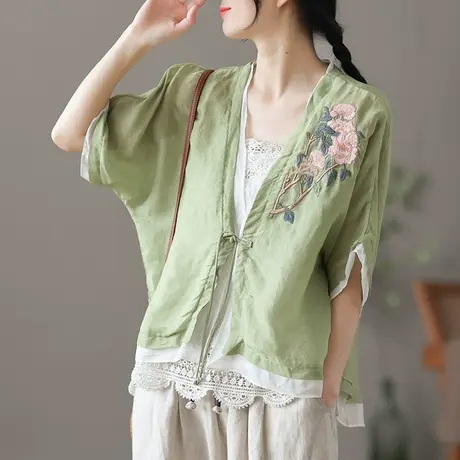 dza 复古薄款苎麻上衣女士休闲短外套夏季新款蝙蝠袖外搭棉麻开衫图片