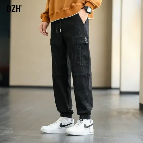 男士黑色牛仔裤男潮牌束脚裤子2023新款工装裤宽松休闲长裤哈伦裤商品大图