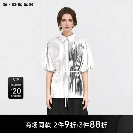 【商场同款】sdeer圣迪奥女翻领风琴褶收腰水墨晕染衬衫S25280401图片