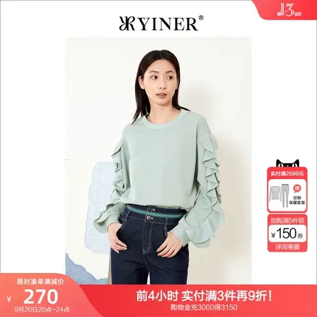 音儿美地女装2022秋季新款圆领宽松上衣荷叶边长袖套头卫衣商品大图