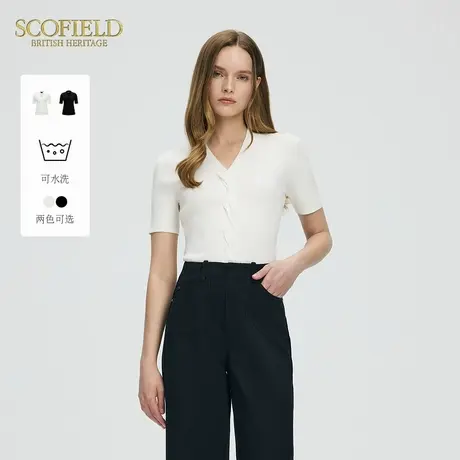 【可水洗】Scofield女装简约V领绞花针织短袖LOGO装饰2025夏新品商品大图