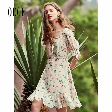 Oece夏装新款女装 法式复古仙女森系碎花裙子雪纺连衣裙图片