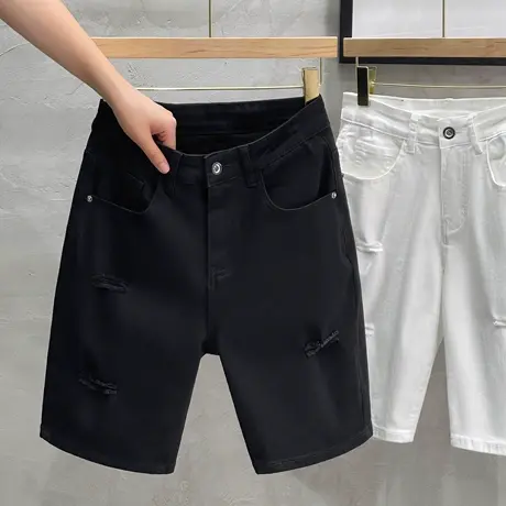 破洞牛仔短裤男潮牌薄款男士休闲五分夏季裤子男直筒修身韩版潮流图片