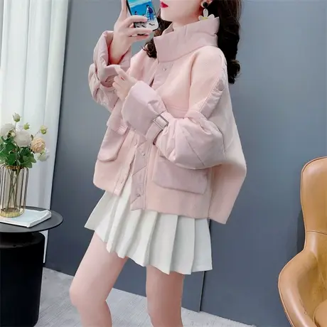 秋冬短款针织拼接棉服女2024新款宽松小个子加厚保暖毛衣外套上衣图片