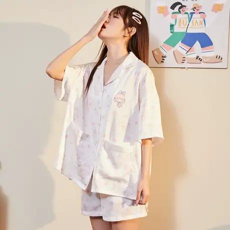 唐狮可外穿遛弯家居服两件套装睡衣夏季睡衣女冰丝开衫短袖短裤商品大图