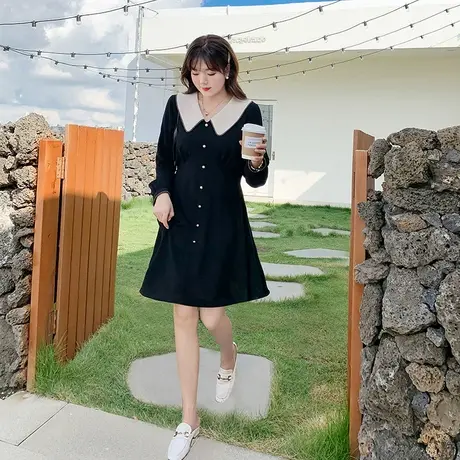 绮娑2023年夏装新款显瘦遮肚长款娃娃领大码连衣裙胖MM黑色雪纺裙商品大图