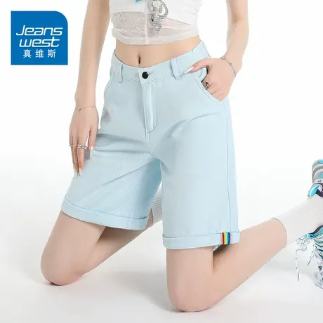 KZH真维斯卷边牛仔短裤女夏季新款宽松直筒裤蓝色高腰休闲五分裤商品大图