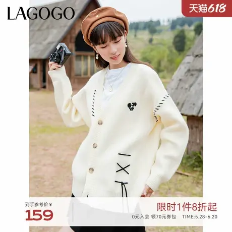 LAGOGO米白色V领清爽百搭针织衫女拉谷谷秋季新款舒适上衣商品大图