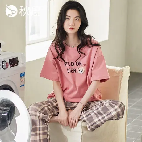 秋鹿【商场新款】睡衣女士夏季纯棉小熊短袖七分裤可外穿格纹裤商品大图