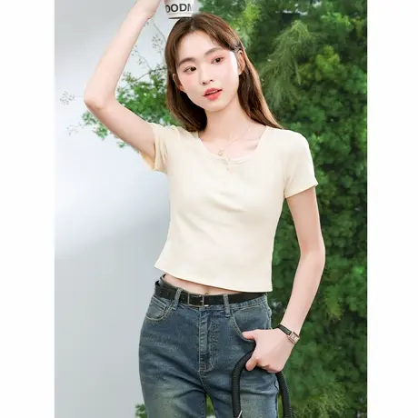 KMV真维斯短款短袖t恤女2025新款春夏修身显瘦微胖风情万种上衣女图片