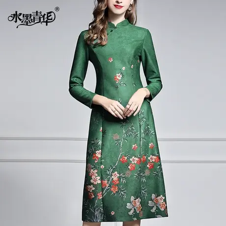 【1件7.9折】春装新品时尚立领麂皮绒连衣裙优雅修身A字印花裙图片