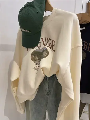 美式乡村字母印花宽松圆领套头卫衣女2023秋款小个子套头薄款上衣图片