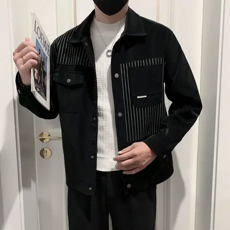 工装外套男秋季高级感2023爆款条纹拼接潮牌机车小众INS夹克上衣商品大图