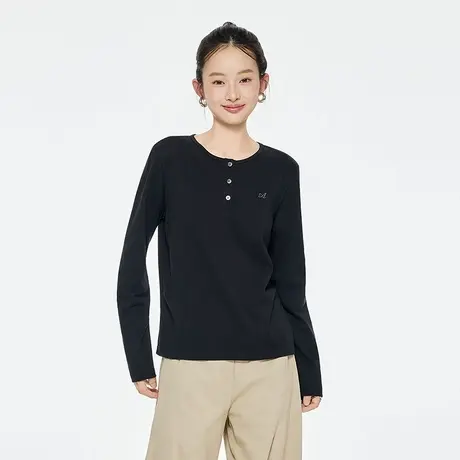 A21女装三粒扣半开胸圆领长袖T恤2025秋季新款简约宽松显瘦上衣图片