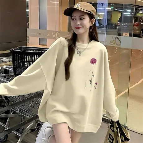2025早秋新款宽松圆领卫衣女韩版加绒杏色时尚oversize小个子上衣商品大图