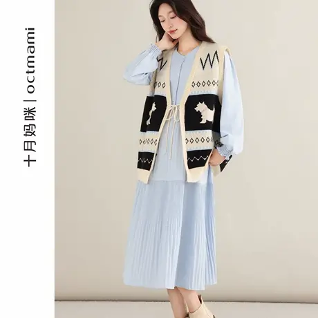 十月妈咪孕妇压褶长袖连衣裙2025新款秋季外穿宽松遮肚马甲秋装商品大图