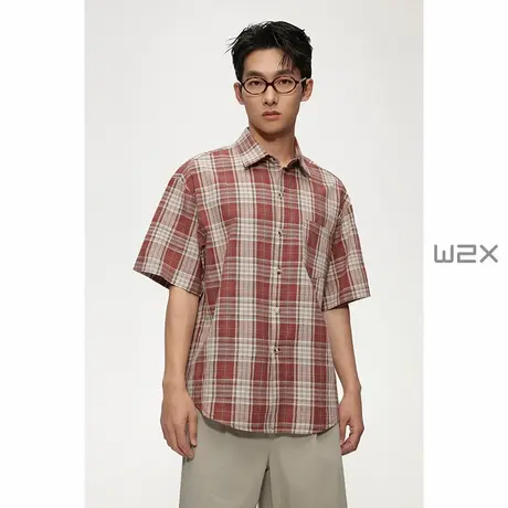 w2x夏季薄款格子休闲短袖衬衫男时尚设计感痞帅青年男装衬衣潮流图片