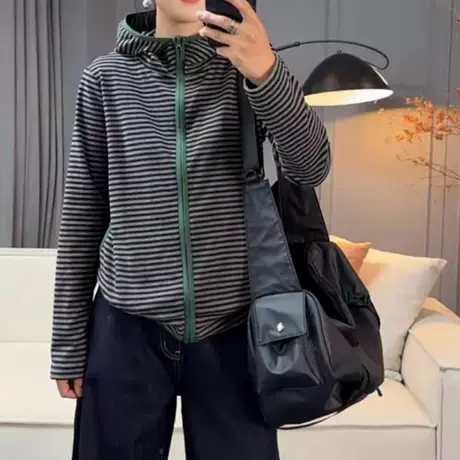 欧货时尚个性条纹连帽外套女2025秋季新款韩版宽松休闲百搭上衣潮图片