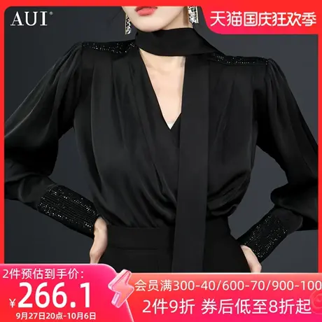 AUI黑色御姐炸街气质衬衫女2023春秋新款设计感上衣缎面高级衬衣图片