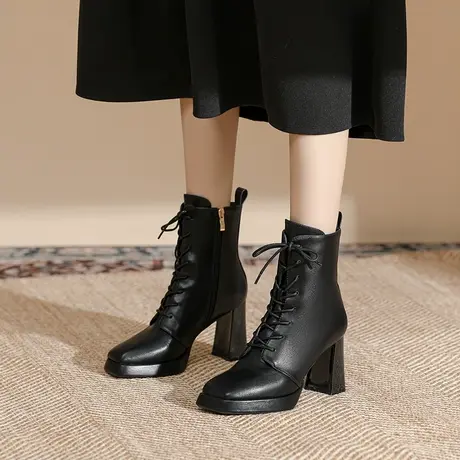 马丁靴女2023新款春秋单靴黑色英伦风中筒靴小个子厚底短靴机车靴商品大图