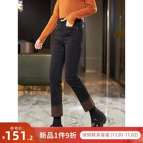 宝诗黎高腰显瘦黑色加绒棉质牛仔裤2023冬季新款保暖显瘦休闲裤子商品大图