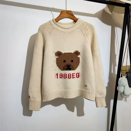 学院风小熊毛衣女秋冬2023新款宽松圆领套头休闲百搭针织上衣外穿商品大图