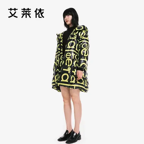 艾莱依反季羽绒服女字母LOGO印花鹅绒中长款时尚街头连帽加厚外套商品大图