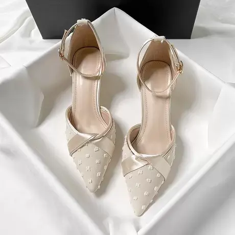 小香风凉鞋尖头粗跟高跟鞋女夏浅口包头仙女风伴娘鞋不累脚单鞋女商品大图