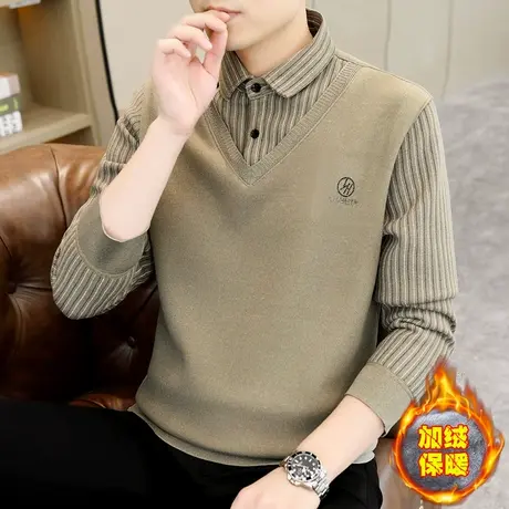 秋冬季加绒加厚毛衣男士时尚衬衫领商务休闲一体绒保暖针织打底衫图片