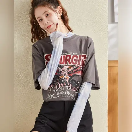 唐狮打底衫女春秋网纱长袖蕾丝叠穿辣妹内搭薄款扎染百搭T恤上衣商品大图