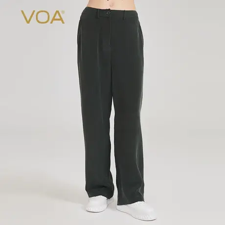 VOA30姆米重磅厚桑蚕丝自然腰侧口袋墨绿色轻垂做旧真丝直筒长裤图片