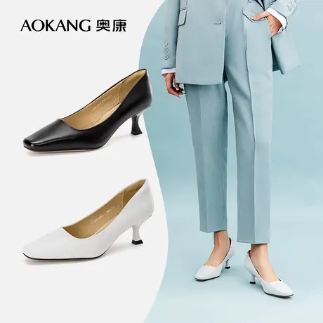 奥康女鞋 春季气质优雅通勤办公室女单鞋真皮浅口舒适休闲中跟鞋商品大图