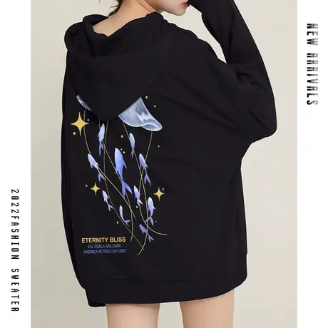 真维斯LIFE系列连帽卫衣女2022年秋季薄款外套黑色超火爆款上衣潮商品大图