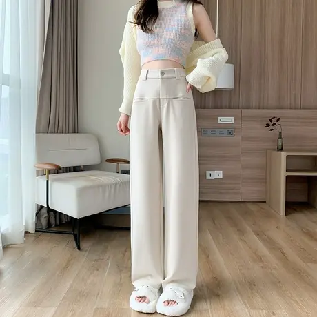 毛呢阔腿西装裤女2024秋冬新款高腰垂感显瘦休闲直筒呢子拖地裤子商品大图