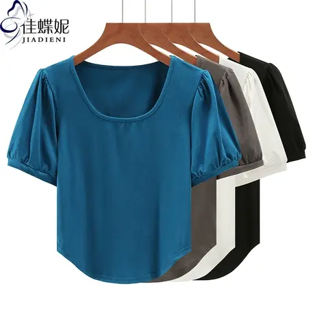 夏季新款韩版U领修身纯色纯白短款燕尾纯欲泡泡袖短体恤上衣女装商品大图