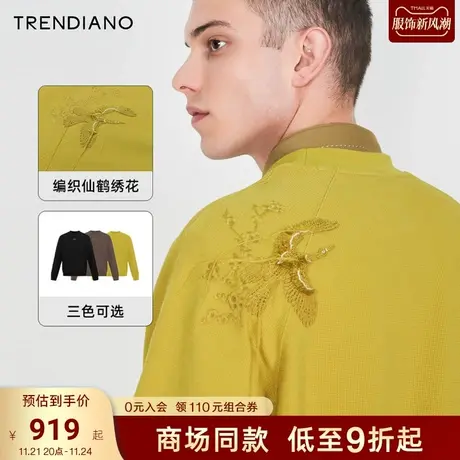 TRENDIANO官方国风仙鹤华夫格肌理宽松休闲圆领卫衣2023新款冬季商品大图