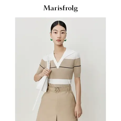 【轻薄舒适】玛丝菲尔夏新款卡其色条纹镂空设计polo领衬衫针织商品大图