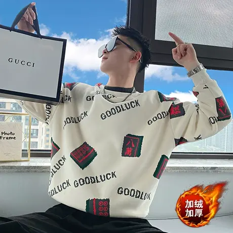 冬季拼接两件休闲加绒加厚男士卫衣潮牌ins时尚花色满印字母外套图片