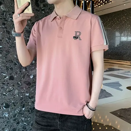 粉色Polo衫男潮流百搭大码2023夏季新款纯色短袖T恤潮流贴条上衣商品大图