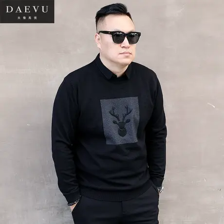 秋新款鹿头衬衣领假两件潮胖子大号加肥加大码套头男士针织衫毛衣商品大图