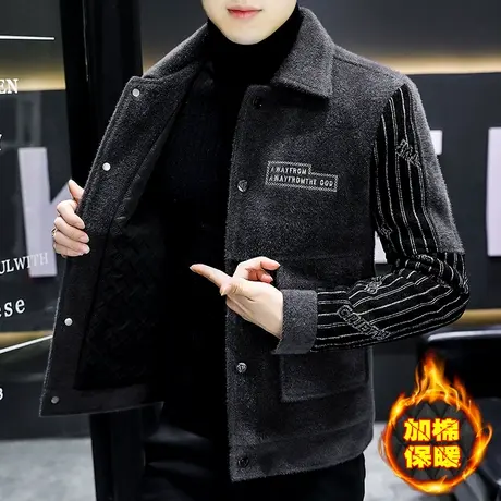 男士冬季外套2023新款加棉加厚冬款貂绒夹克男装潮流短款毛呢大衣商品大图