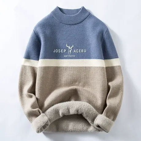 冬季高中学生半高领毛衣男加绒加厚青少年厚款针织衫男孩毛线衣潮商品大图