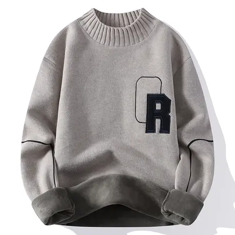 半高领针织羊毛衫外套男初中学生2023冬季加厚线衣打底一体绒毛衣商品大图