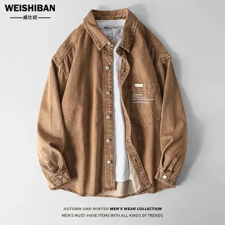 美式经典复古工装牛仔衬衫男长袖2023新款春秋砖红休闲衬衣式外套图片