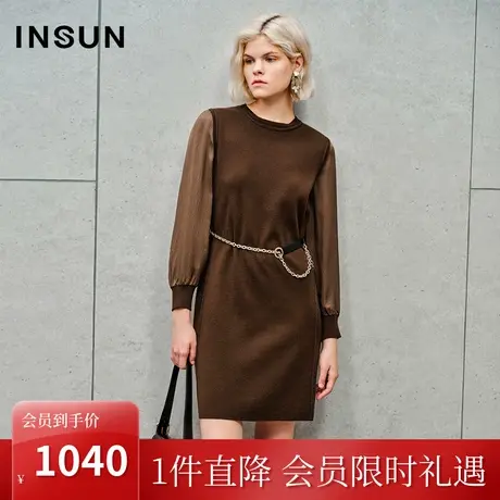 恩裳2023秋装新款羊毛混纺针织拼接梭织袖腰链设计感美拉德连衣裙商品大图