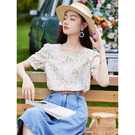 时尚气质碎花方领短袖衬衫女士2023年夏季新款百搭休闲减龄上衣商品大图