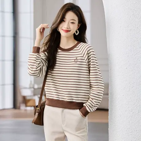 时尚休闲卫衣2023年秋季新款女士圆领宽松百搭条纹短款长袖上衣图片
